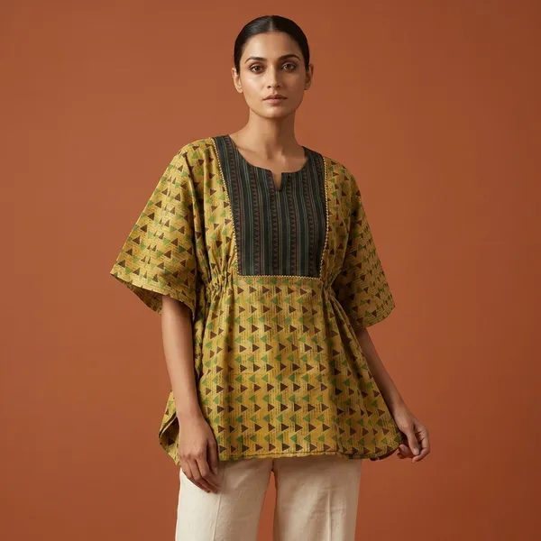 Yellow_Printed_Cotton_Kurta_with_Striped_Yoke_for_Women