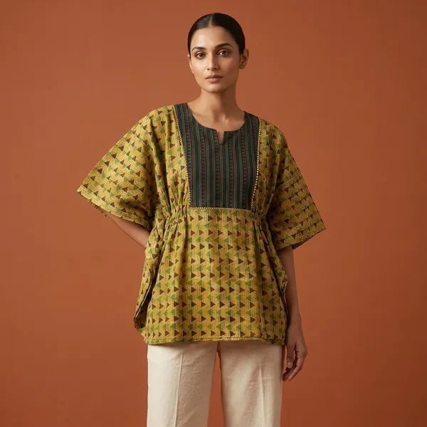 Yellow_Printed_Cotton_Kurta_with_Striped_Yoke_for_Women
