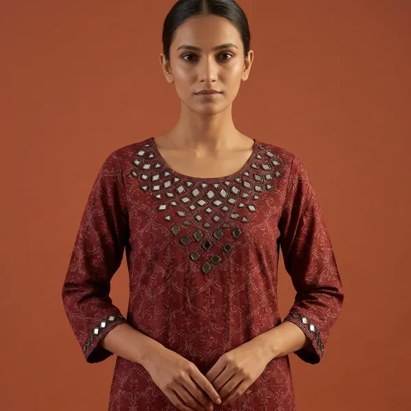 Maroon_Printed_Mirror_Work_Kurti_for_Women
