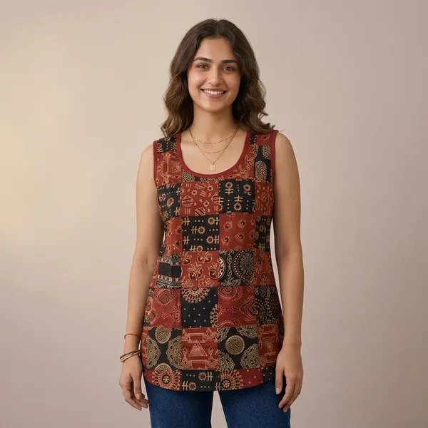Multicolor_Ajrakh_Print_Sleeveless_Kurta_for_Women