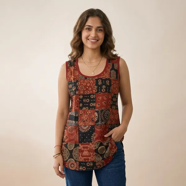 Multicolor_Ajrakh_Print_Sleeveless_Kurta_for_Women