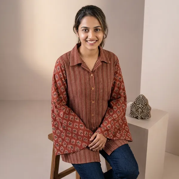 Brown_Striped_Cotton_Bell_Sleeve_Shirt_Top_for_Women