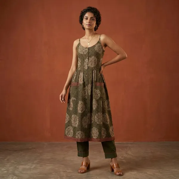 Olive_Green_Printed_Cami_Dress_with_Trousers_for_Women