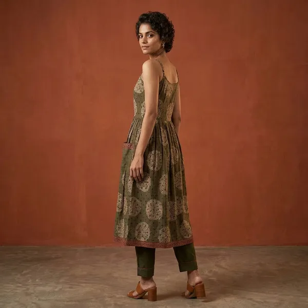 Olive_Green_Printed_Cami_Dress_with_Trousers_for_Women