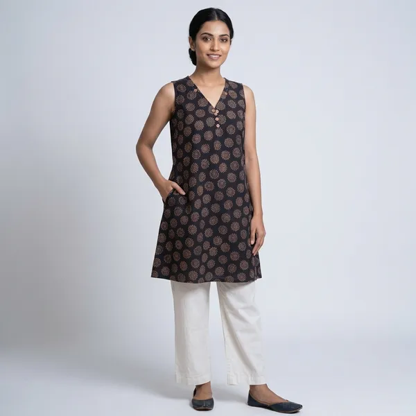 Black_Printed_Cotton_Sleeveless_Kurta_with_White_Pants_for_Women