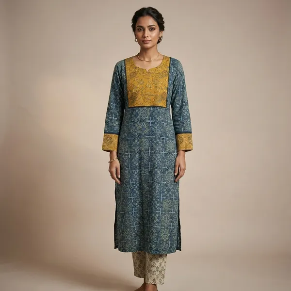 Teal_and_Mustard_Block_Print_Cotton_Straight_Kurta_for_Women