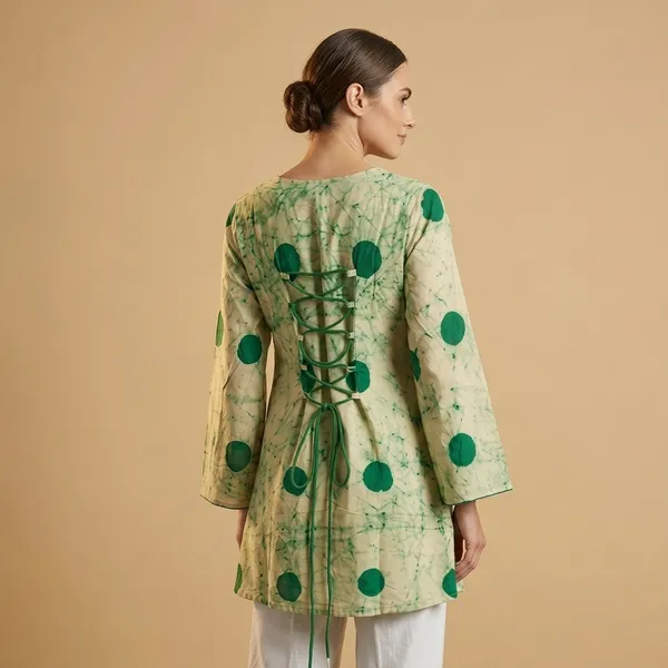 Green_Printed_Cotton_V-Neck_Tunic_with_Lace-Up_Back_for_Women