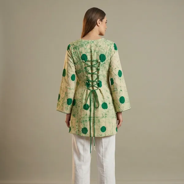 Green_Printed_Cotton_V-Neck_Tunic_with_Lace-Up_Back_for_Women