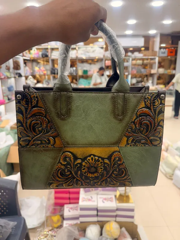 Olive_Green_Floral_Embossed_Handbag