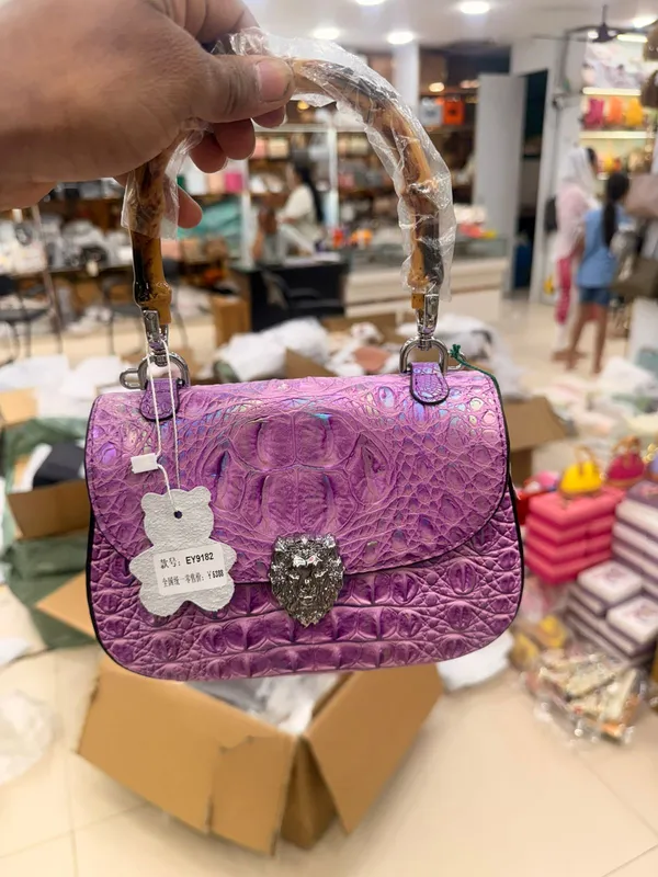 Purple_Croc_Embossed_Lion_Clasp_Bamboo_Handle_Handbag