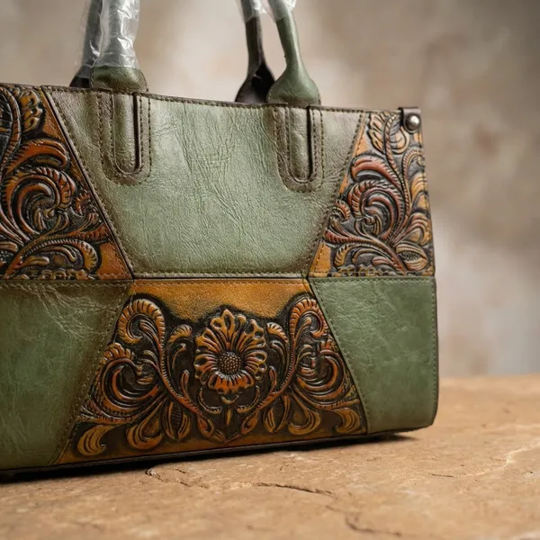 Olive_Green_Floral_Embossed_Handbag
