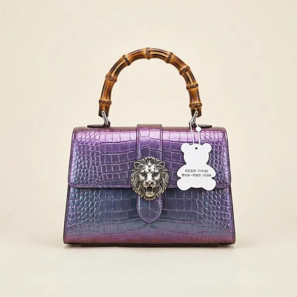Purple_Croc_Embossed_Lion_Clasp_Bamboo_Handle_Handbag