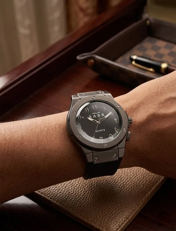 Saber_Quartz_Analog_Wristwatch_With_Metal_Case_And_Black_Strap