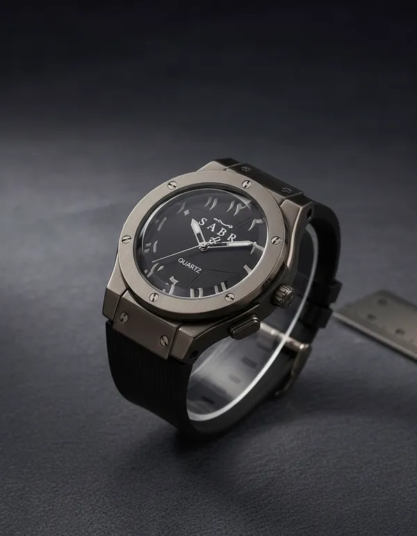 Saber_Quartz_Analog_Wristwatch_With_Metal_Case_And_Black_Strap