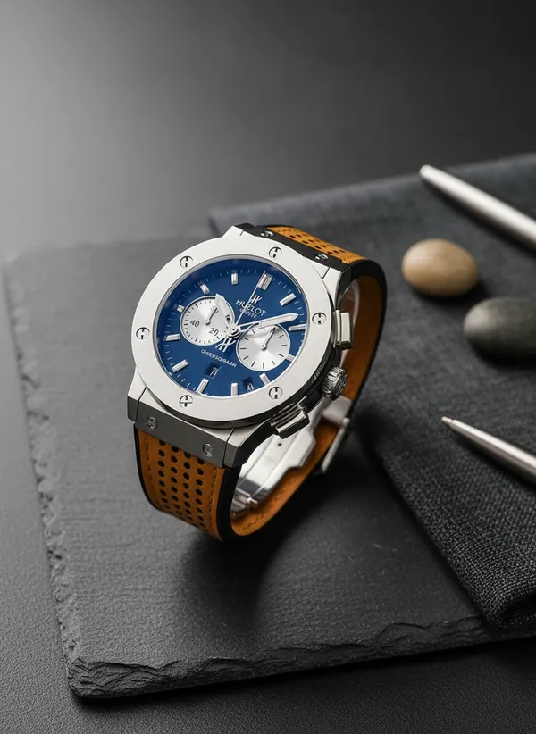 Hublot_Style_Blue_Dial_Chronograph_Sports_Watch_With_Tan_Perforated_Strap
