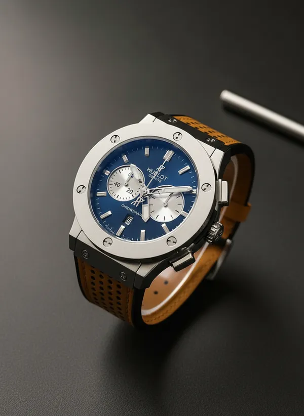Hublot_Style_Blue_Dial_Chronograph_Sports_Watch_With_Tan_Perforated_Strap