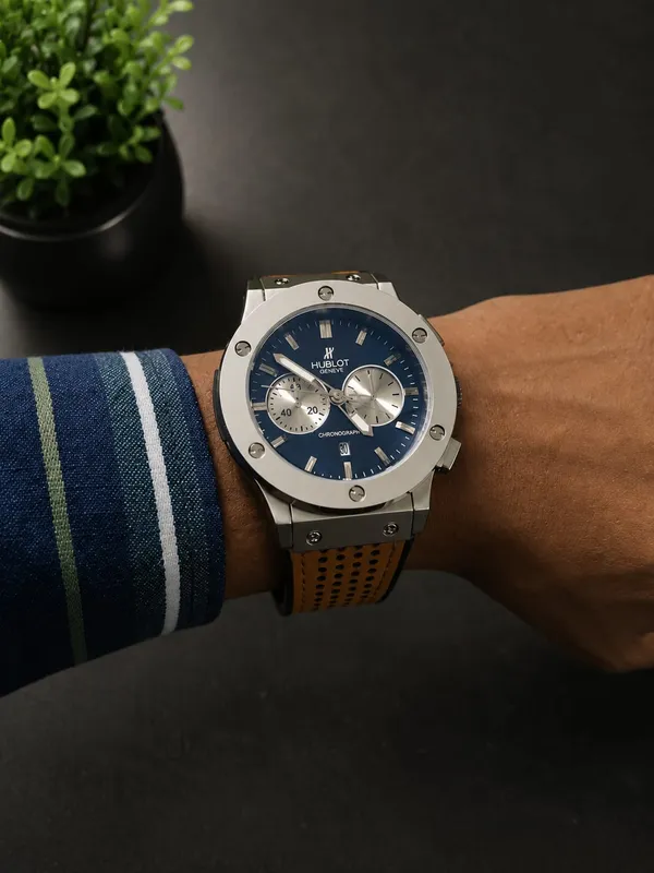 Hublot_Style_Blue_Dial_Chronograph_Sports_Watch_With_Tan_Perforated_Strap