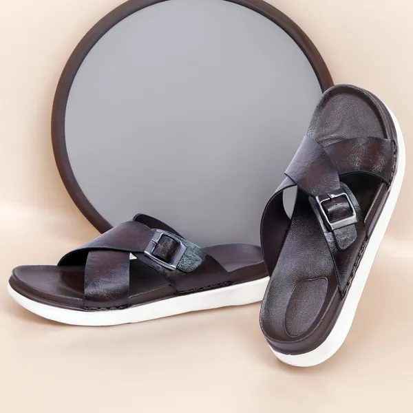 Mens_Black_Leather_Cross_Strap_Buckle_Sandals_With_White_Sole