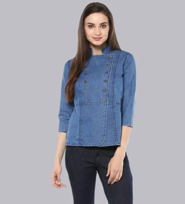 Blue_Denim_Cotton_Blend_3/4Th_Sleeves_Regular_Top_For_Women
