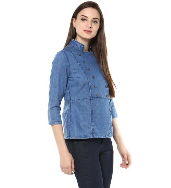 Blue_Denim_Cotton_Blend_3/4Th_Sleeves_Regular_Top_For_Women