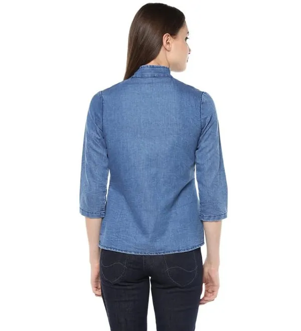 Blue_Denim_Cotton_Blend_3/4Th_Sleeves_Regular_Top_For_Women