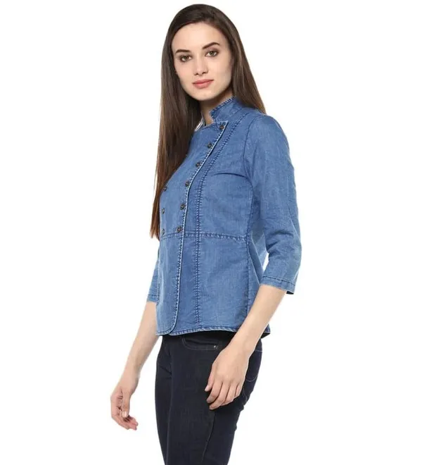 Blue_Denim_Cotton_Blend_3/4Th_Sleeves_Regular_Top_For_Women