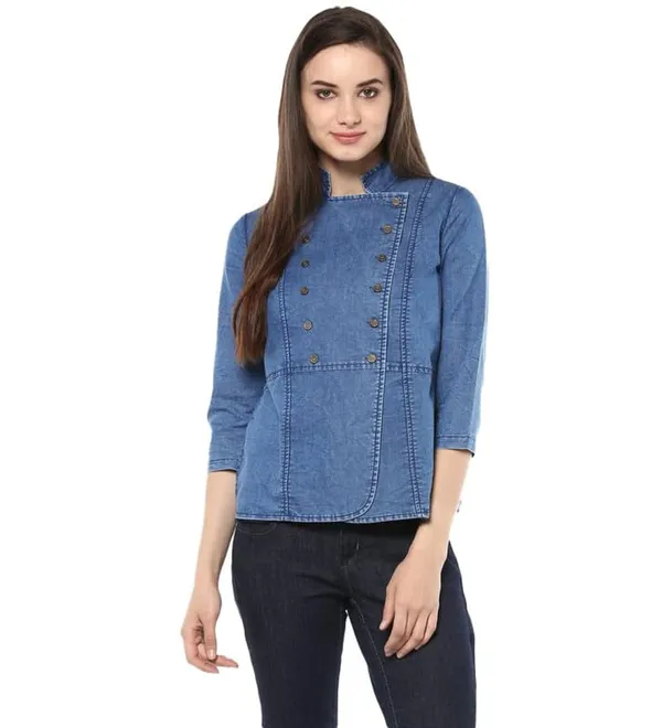 Blue_Denim_Cotton_Blend_3/4Th_Sleeves_Regular_Top_For_Women