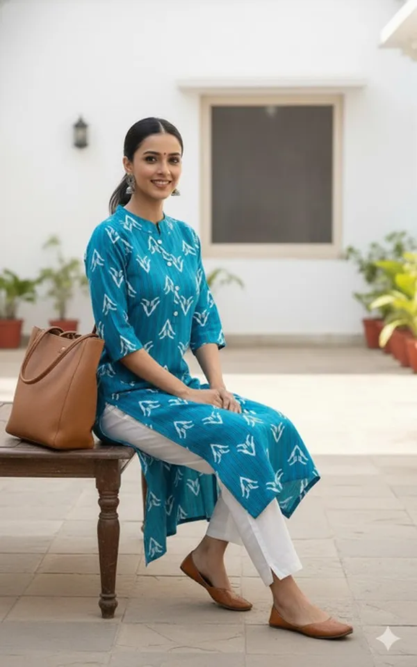 Blue_And_White_Cotton_Blend_Kurta_For_Women