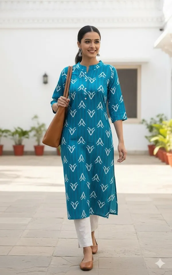 Blue_And_White_Cotton_Blend_Kurta_For_Women