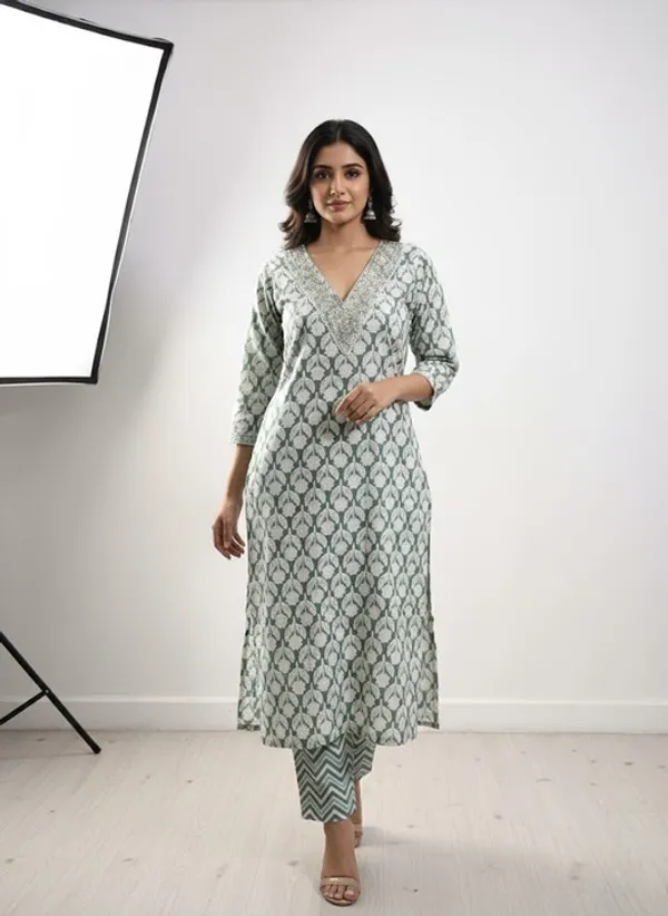 Green_And_White_Cotton_Blend_Kurta_For_Women