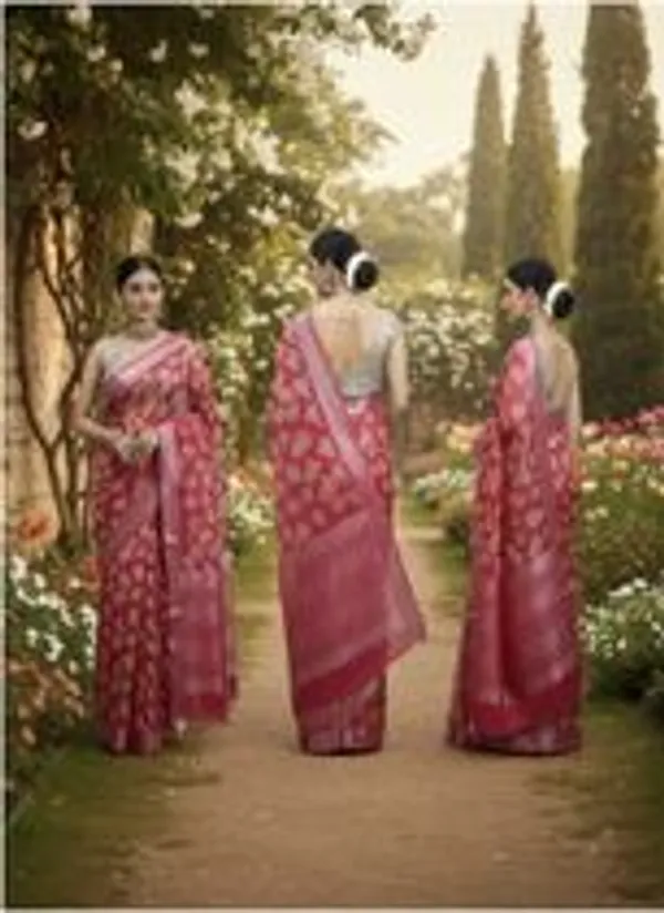 Red_Cotton_Blend_Floral_Print_Banarasi_Saree_For_Women