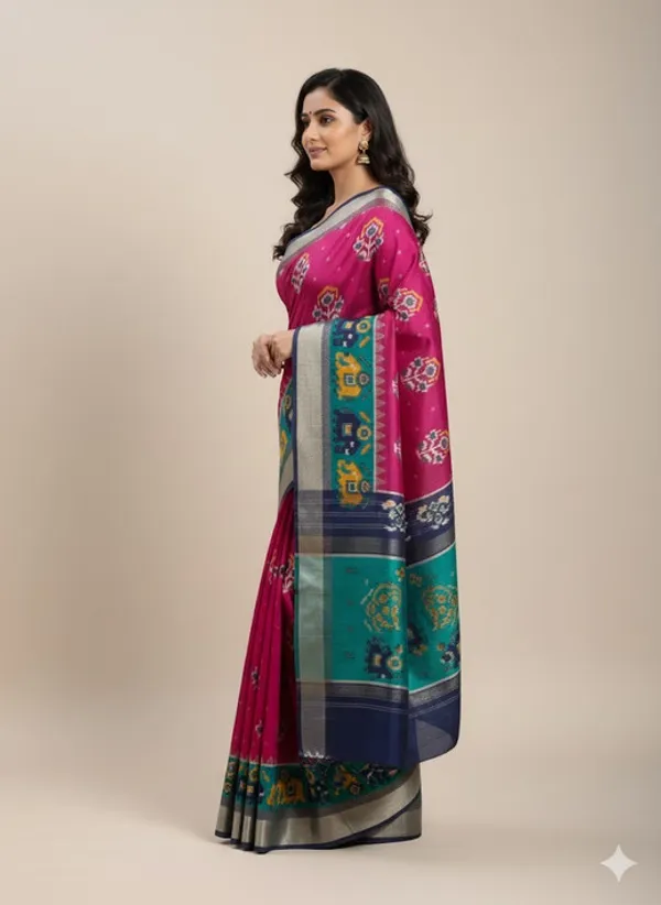 Blue_And_Rani_Pink_Cotton_Blend_Saree_For_Women