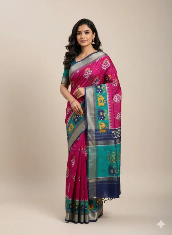 Blue_And_Rani_Pink_Cotton_Blend_Saree_For_Women