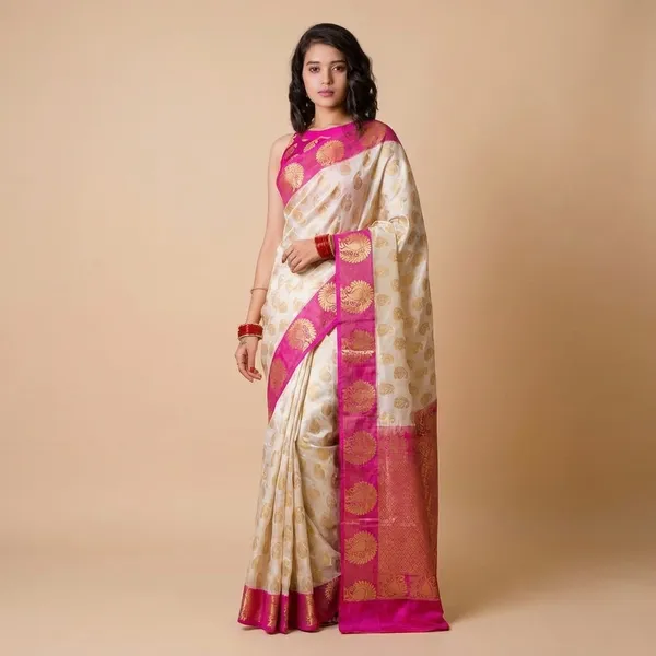 White_Lichi_Silk_Saree_With_Unstitched_Blouse_For_Women