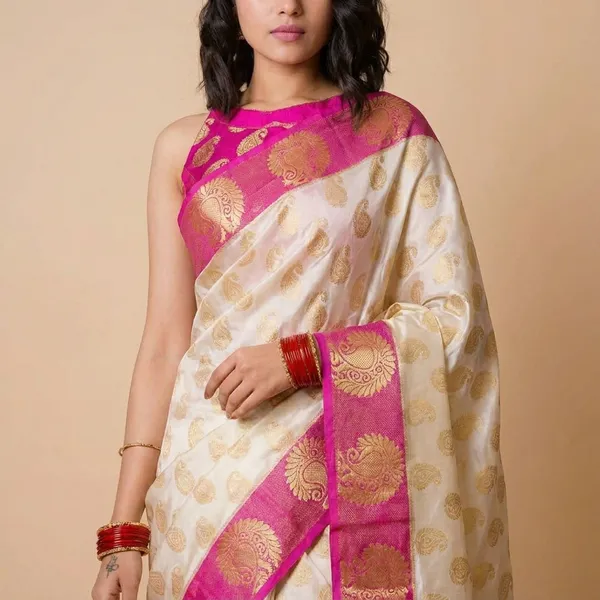 White_Lichi_Silk_Saree_With_Unstitched_Blouse_For_Women