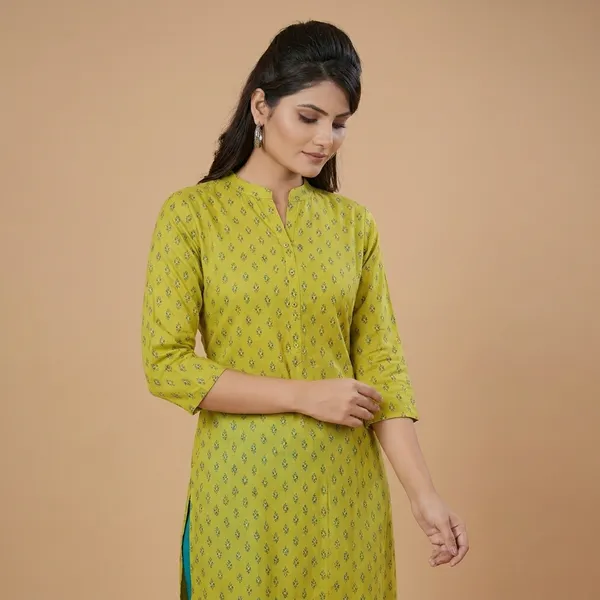 Yellow_And_Green_Cotton_Blend_Kurta_For_Women