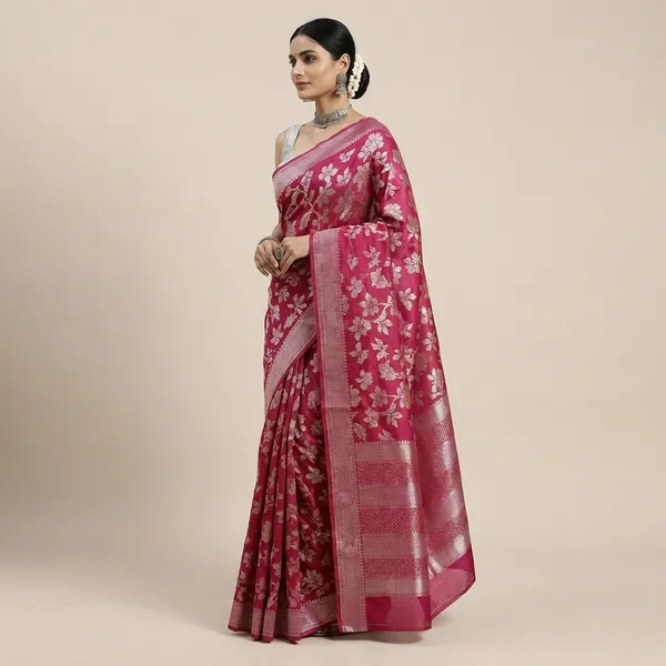 Red_Cotton_Blend_Floral_Print_Banarasi_Saree_For_Women