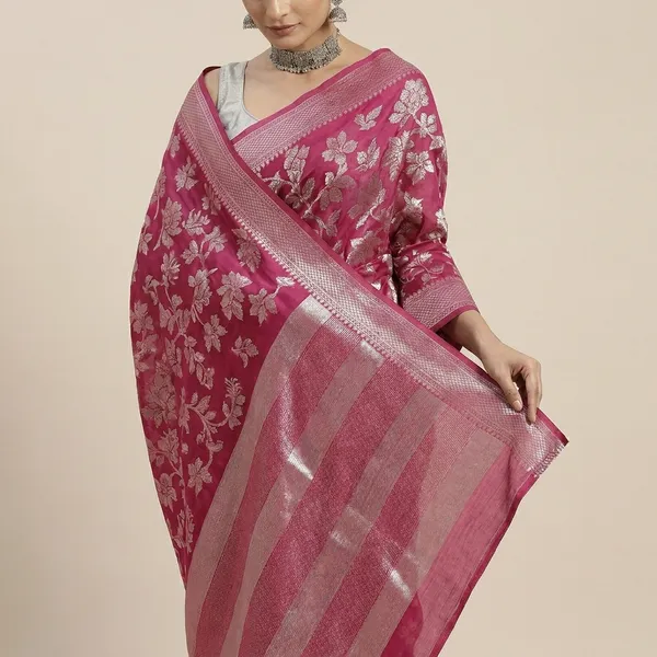 Red_Cotton_Blend_Floral_Print_Banarasi_Saree_For_Women