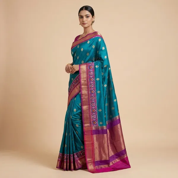 Blue_And_Red_Cotton_Blend_Saree_For_Women
