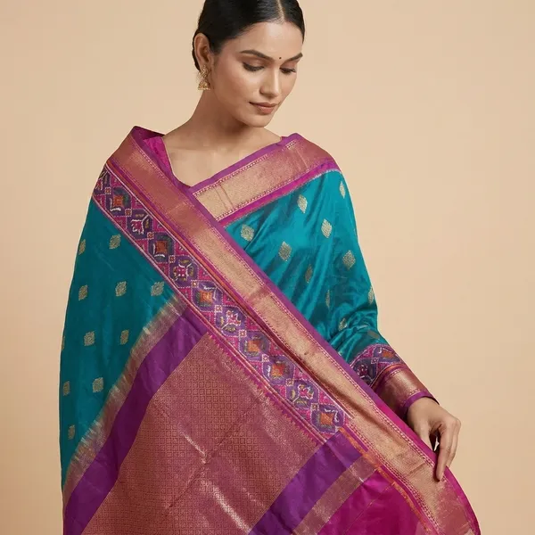 Blue_And_Red_Cotton_Blend_Saree_For_Women