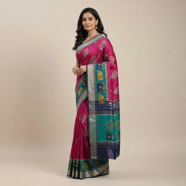 Blue_And_Rani_Pink_Cotton_Blend_Saree_For_Women