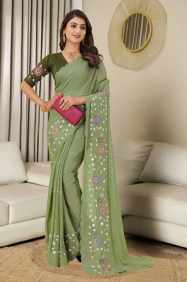 Green_Georgette_Floral_Embroidered_Scalloped_Saree_For_Women
