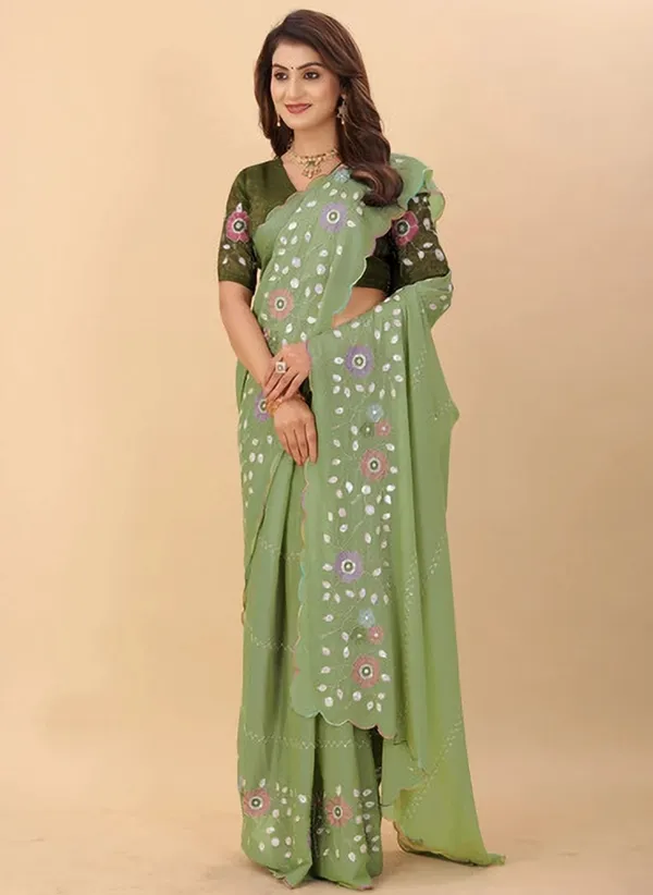 Green_Georgette_Floral_Embroidered_Scalloped_Saree_For_Women