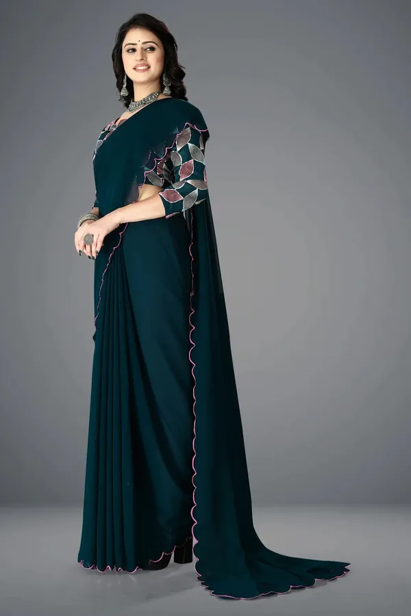 Teal_Georgette_Scalloped_Border_Printed_Blouse_Saree_For_Women
