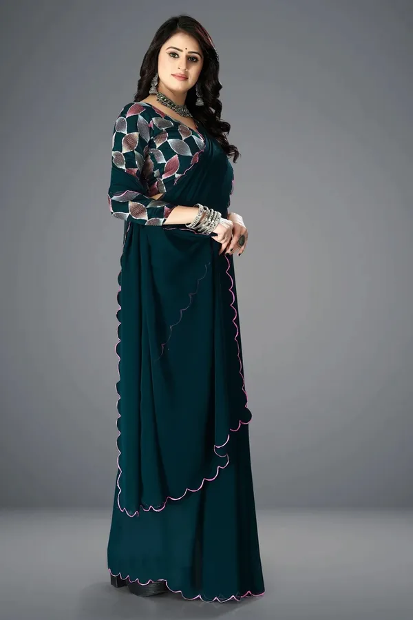Teal_Georgette_Scalloped_Border_Printed_Blouse_Saree_For_Women