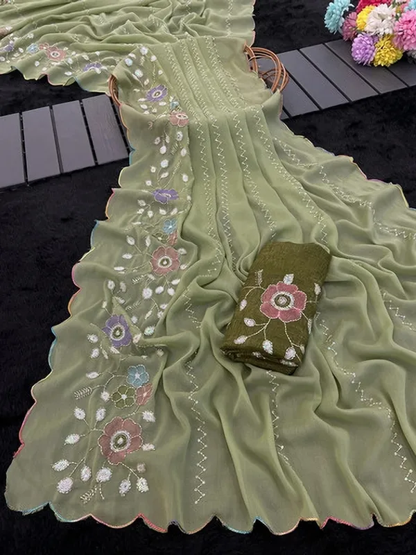 Green_Georgette_Floral_Embroidered_Scalloped_Saree_For_Women