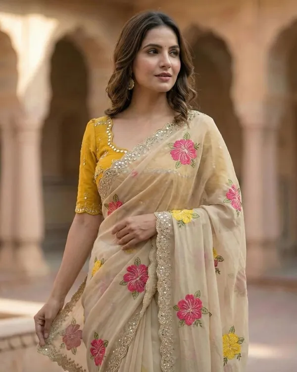 Beige_Georgette_Floral_Embroidered_Mirror_Work_Saree_For_Women