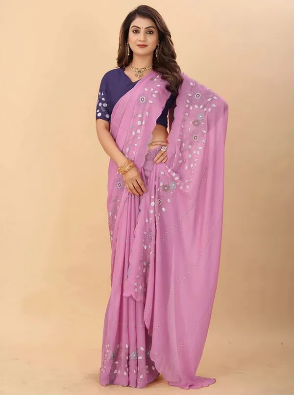 Pink_Georgette_Floral_Embroidered_Scalloped_Saree_For_Women