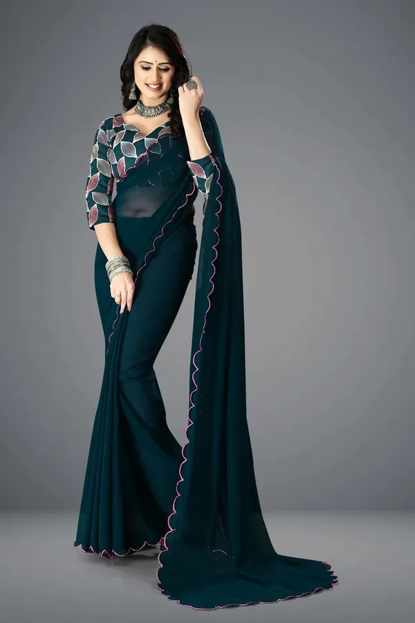 Teal_Georgette_Scalloped_Border_Printed_Blouse_Saree_For_Women