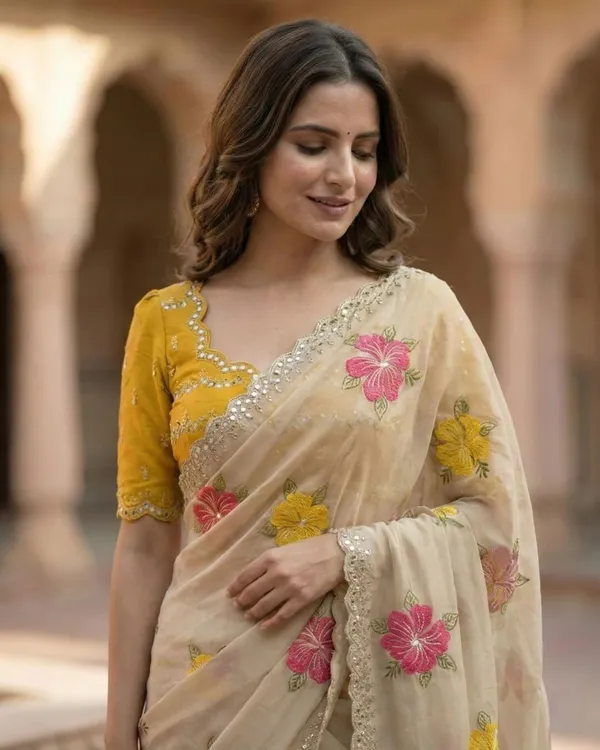 Beige_Georgette_Floral_Embroidered_Mirror_Work_Saree_For_Women